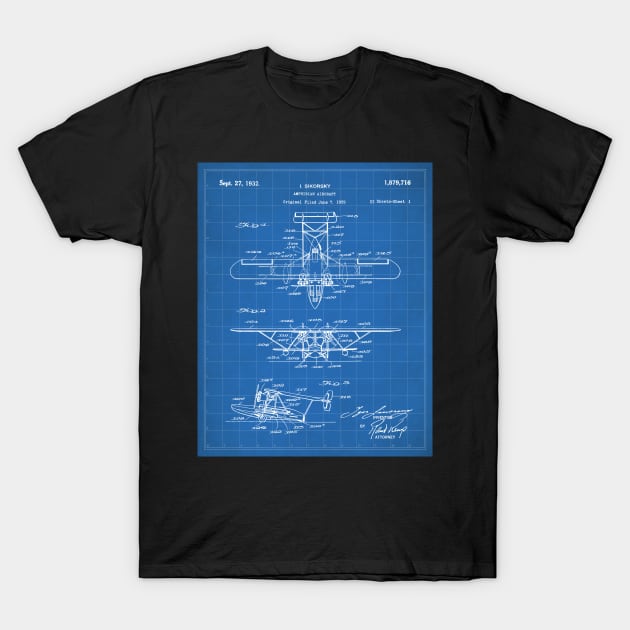 Seaplane Patent - Biplane Seaplane Art - Blueprint T-Shirt by patentpress